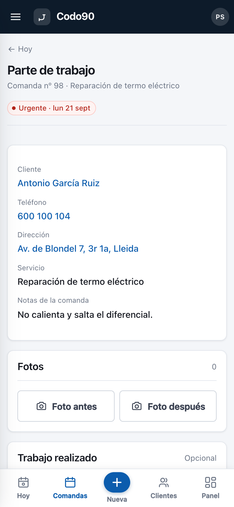 El parte de trabajo de la comanda 98 en la app Codo90 del móvil