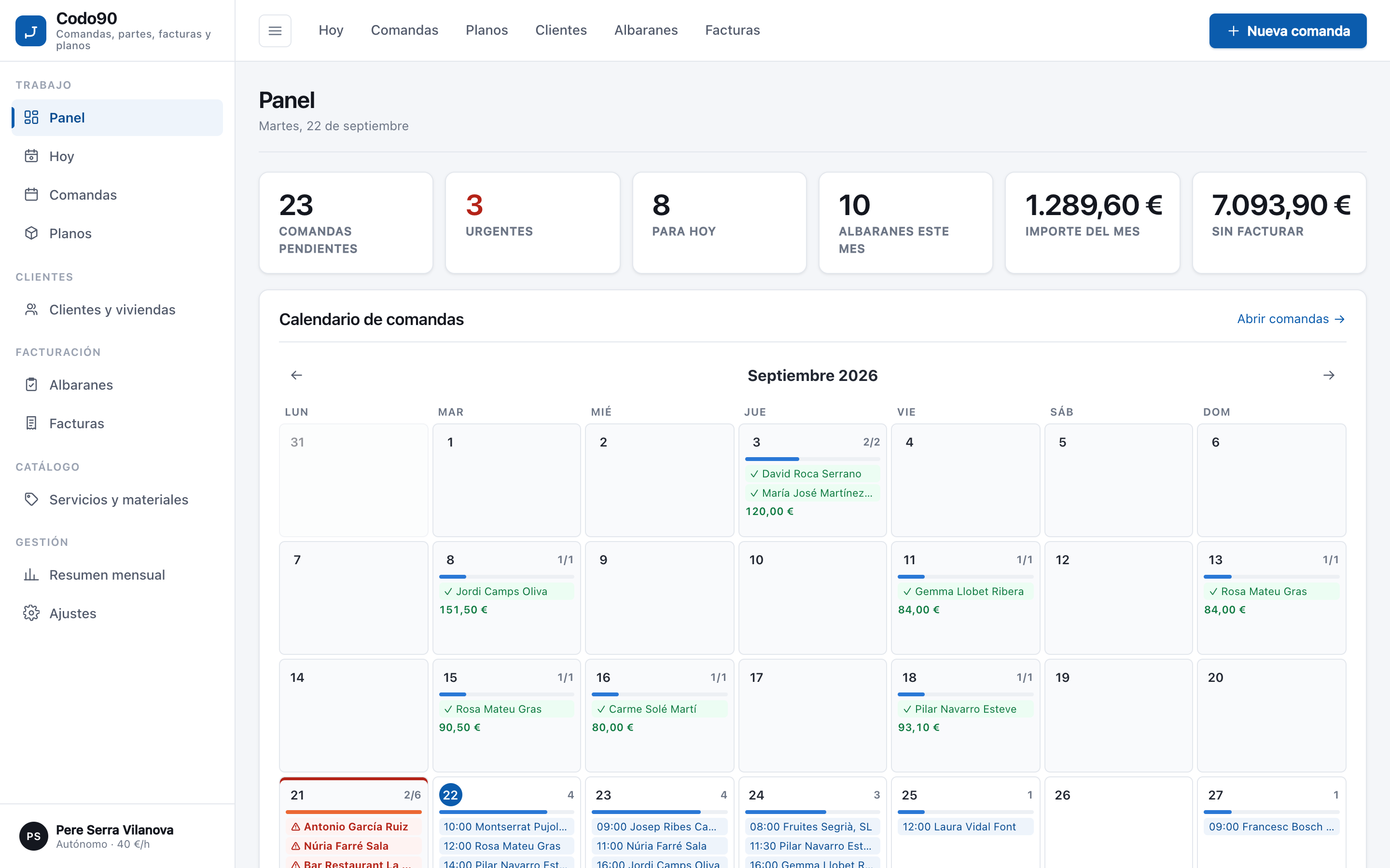 Panel de Codo90 en el ordenador con el calendario de comandas