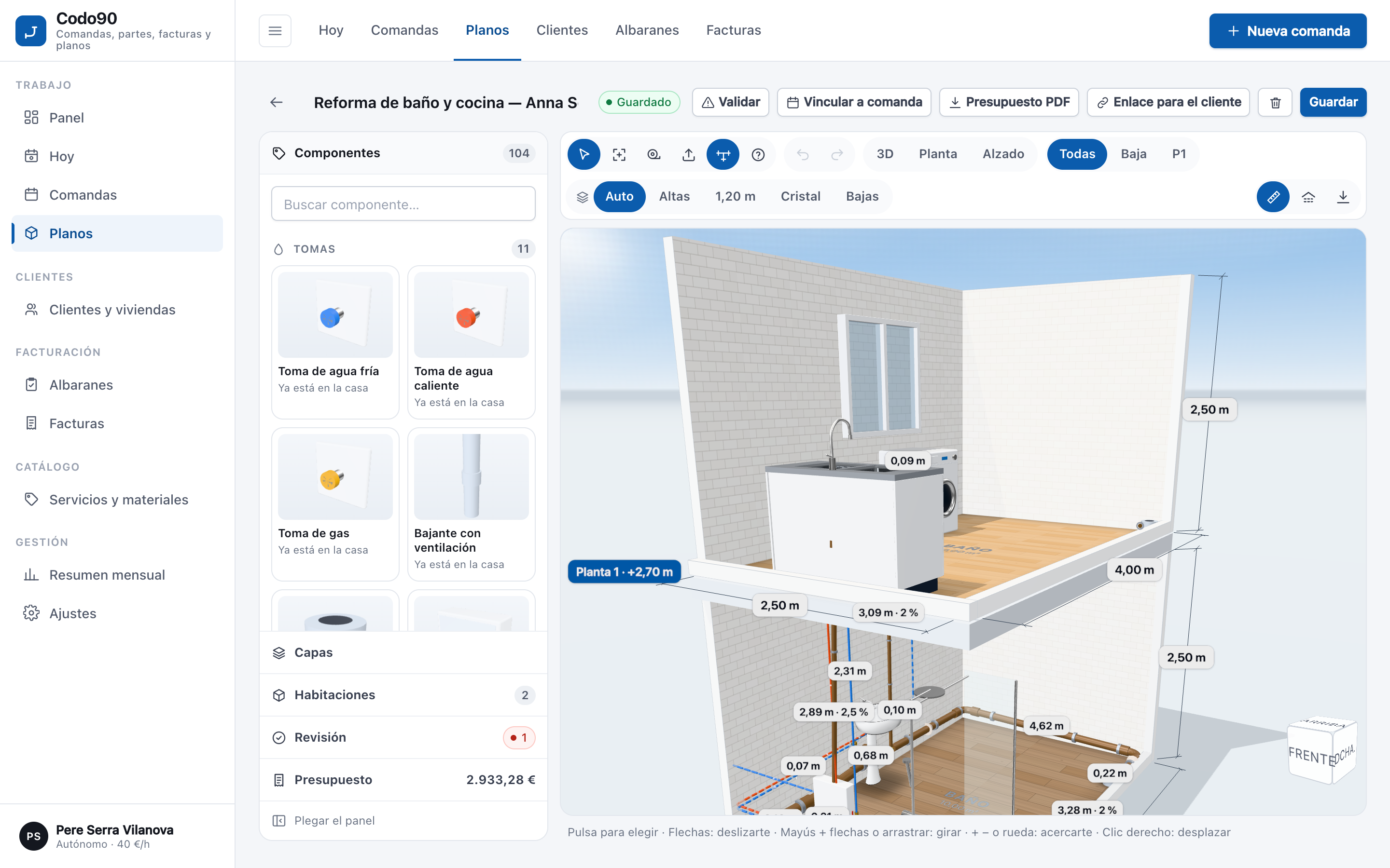 Plano 3D de un baño y una cocina con las tuberías y sus medidas