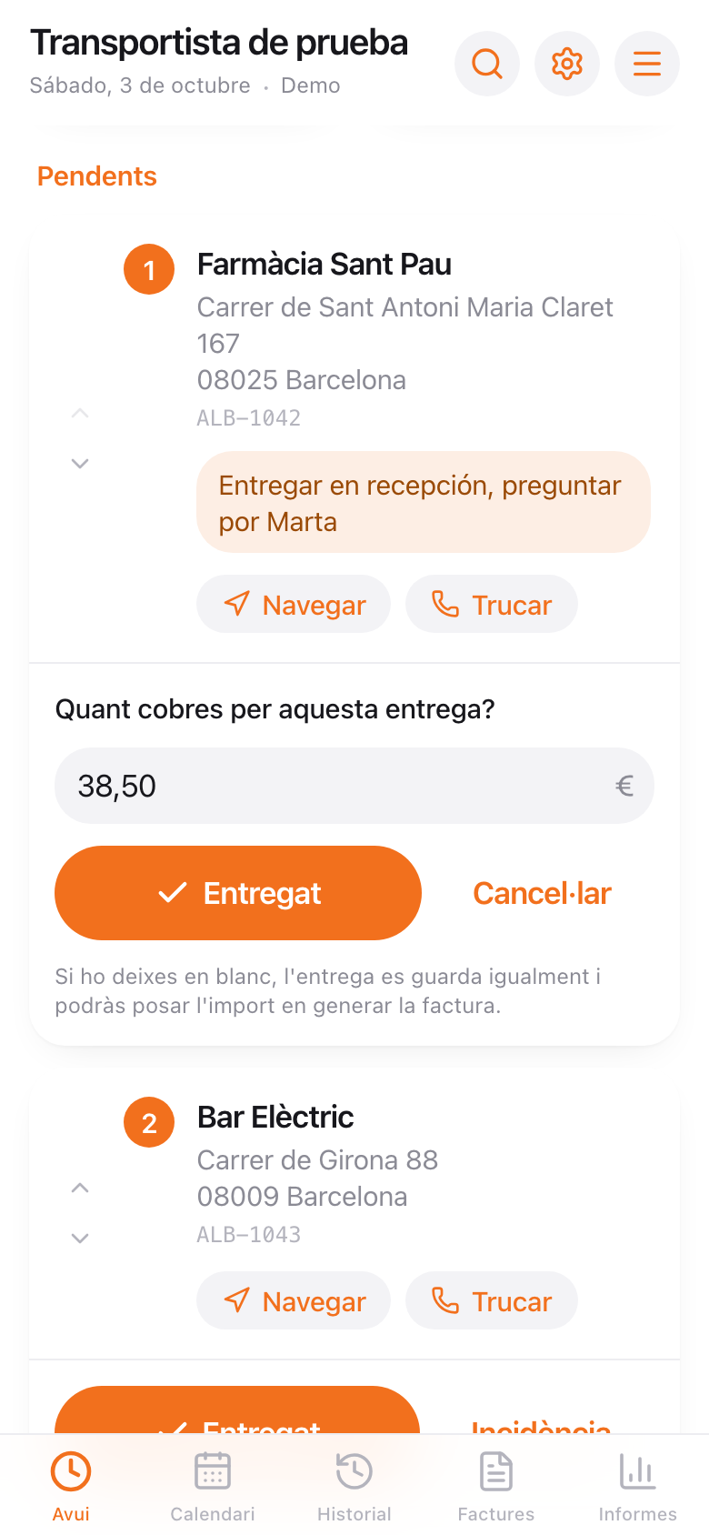 Pantalla para marcar una entrega y apuntar lo cobrado